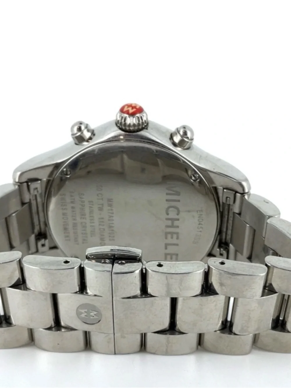Michele Silver Stainless Steel Engraved Case Back Watch working new battery .